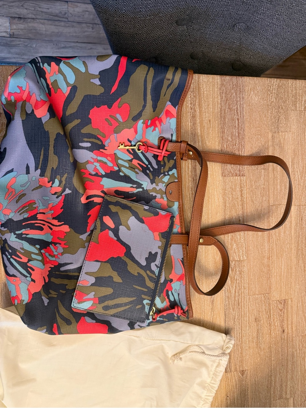 Fossil Multicolor Floral Camo Tote with Brown Leather Straps + Matching Wallet